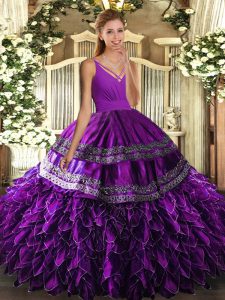Admirable Organza V-neck Sleeveless Backless Ruffles Quinceanera Gown in Purple