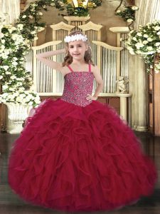 Wine Red Ball Gowns Beading and Ruffles Pageant Dress for Teens Lace Up Tulle Sleeveless Floor Length