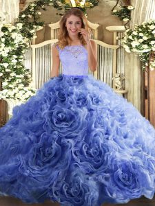 Blue Ball Gowns Beading and Lace 15th Birthday Dress Zipper Organza and Fabric With Rolling Flowers Sleeveless Floor Len