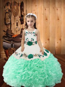 Apple Green Straps Neckline Embroidery and Ruffles Little Girl Pageant Gowns Sleeveless Lace Up