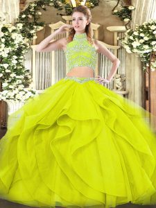 Custom Design High-neck Sleeveless Tulle Ball Gown Prom Dress Beading and Ruffles Backless