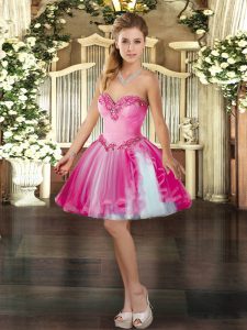 Hot Pink Sleeveless Mini Length Beading Lace Up Evening Dress