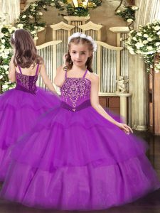 Unique Floor Length Lace Up Pageant Gowns For Girls Purple for Party and Quinceanera with Beading and Ruffled Layers