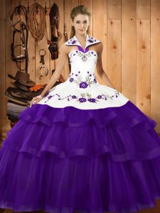 Purple Organza Lace Up Sweet 16 Dresses Sleeveless Sweep Train Embroidery and Ruffled Layers