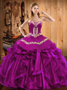 Fuchsia Ball Gowns Sweetheart Sleeveless Satin and Organza Floor Length Lace Up Embroidery and Ruffles Quinceanera Gown