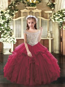 High Quality Ball Gowns Kids Pageant Dress Fuchsia Off The Shoulder Organza Sleeveless Floor Length Lace Up
