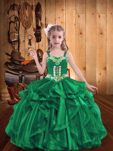 Straps Sleeveless Pageant Gowns For Girls Floor Length Beading and Embroidery and Ruffles Turquoise Organza