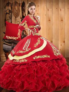 Red Strapless Lace Up Embroidery and Ruffled Layers Quinceanera Dress Sleeveless