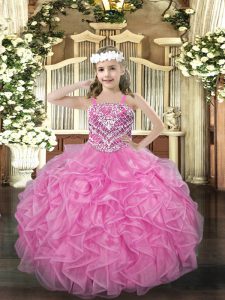 Exquisite Rose Pink Lace Up Custom Made Pageant Dress Beading and Ruffles Sleeveless Floor Length