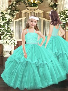 Sleeveless Floor Length Beading and Lace Zipper Little Girls Pageant Dress Wholesale with Turquoise