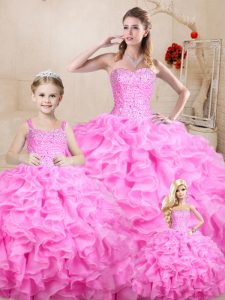 Beauteous Rose Pink Organza Lace Up Sweetheart Sleeveless Floor Length Quince Ball Gowns Beading and Ruffles
