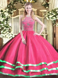 Low Price Sleeveless Floor Length Beading Zipper Sweet 16 Dresses with Hot Pink