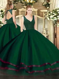 Captivating Dark Green Sleeveless Beading and Lace and Ruffled Layers Floor Length Quinceanera Dresses