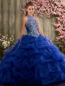 Modest Blue Ball Gowns Beading and Pick Ups Quince Ball Gowns Lace Up Tulle Sleeveless Floor Length