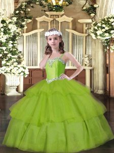 Sleeveless Floor Length Beading and Ruffled Layers Lace Up Pageant Dress for Teens with Olive Green