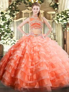 Floor Length Orange Red Ball Gown Prom Dress Tulle Sleeveless Beading and Ruffled Layers