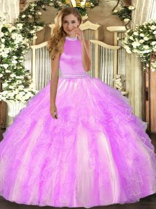 Glorious Lilac Halter Top Neckline Beading and Ruffles 15th Birthday Dress Sleeveless Backless