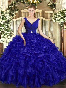 Royal Blue Backless Ball Gown Prom Dress Beading and Ruffles Sleeveless Floor Length