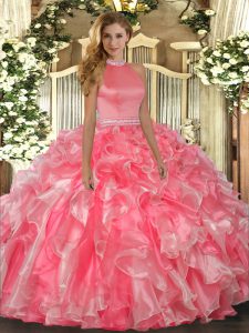Inexpensive Hot Pink Sleeveless Floor Length Beading and Ruffles Backless 15th Birthday Dress
