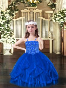 Fashionable Beading and Ruffles Pageant Dress Toddler Blue Lace Up Sleeveless Floor Length