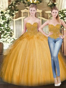 Best Selling Sweetheart Sleeveless 15 Quinceanera Dress Floor Length Beading and Ruffles Gold Tulle