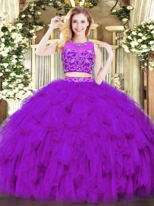 Chic Purple Tulle Zipper 15th Birthday Dress Sleeveless Floor Length Beading and Ruffles