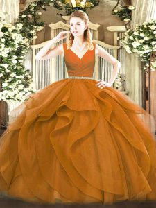 Spectacular Brown 15 Quinceanera Dress Military Ball and Sweet 16 and Quinceanera with Beading and Ruffles V-neck Sleeve