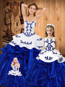 Embroidery and Ruffles Vestidos de Quinceanera Blue Lace Up Sleeveless Floor Length