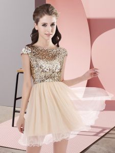 New Style Mini Length Champagne Bridesmaid Dresses Tulle Cap Sleeves Sequins