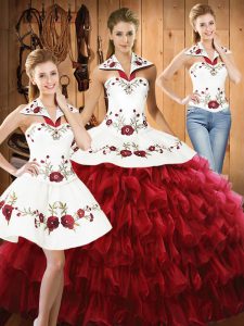 Wine Red Halter Top Neckline Embroidery and Ruffled Layers 15th Birthday Dress Sleeveless Lace Up