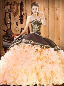 Glamorous Peach Sweetheart Lace Up Embroidery and Ruffles Sweet 16 Quinceanera Dress Court Train Sleeveless