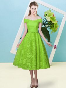 Bowknot Wedding Guest Dresses Yellow Green Lace Up Cap Sleeves Tea Length