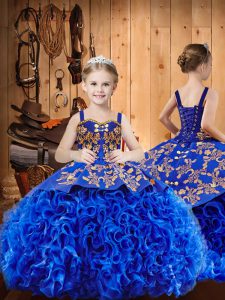 High End Embroidery Little Girls Pageant Dress Wholesale Royal Blue Lace Up Sleeveless Brush Train