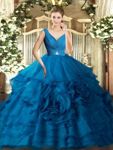 Graceful Ball Gowns 15th Birthday Dress Blue V-neck Organza Sleeveless Floor Length Backless