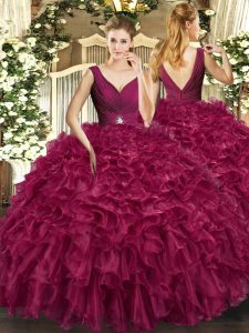 Colorful Sleeveless Floor Length Beading and Ruffles Backless Quinceanera Gown with Burgundy