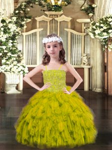 Organza Spaghetti Straps Sleeveless Lace Up Beading and Ruffles Child Pageant Dress in Olive Green
