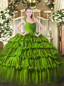 Floor Length Zipper Vestidos de Quinceanera Olive Green for Military Ball and Sweet 16 and Quinceanera with Ruffled Laye