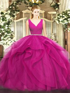 Luxurious Fuchsia Ball Gowns Beading and Ruffles Quinceanera Dresses Zipper Tulle Sleeveless Floor Length
