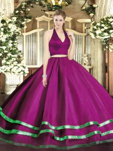 High Quality Two Pieces 15 Quinceanera Dress Fuchsia Halter Top Tulle Sleeveless Floor Length Zipper