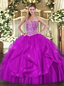 Fuchsia Ball Gowns Organza Sweetheart Sleeveless Beading and Ruffles Floor Length Lace Up 15 Quinceanera Dress