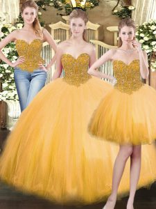 Low Price Tulle Sweetheart Sleeveless Lace Up Beading Quince Ball Gowns in Gold