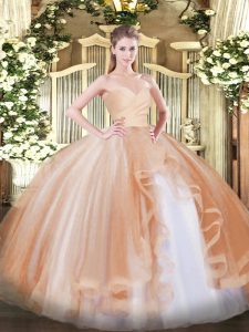 Champagne Ball Gowns Tulle Sweetheart Sleeveless Ruffles Floor Length Lace Up Sweet 16 Dress
