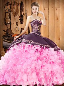Lovely Rose Pink Sweet 16 Quinceanera Dress Organza Court Train Sleeveless Embroidery and Ruffles