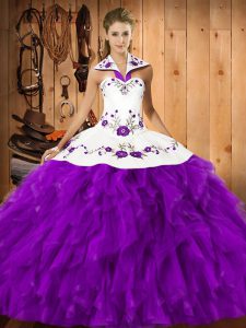 Eggplant Purple Sleeveless Embroidery and Ruffles Floor Length Quinceanera Gowns