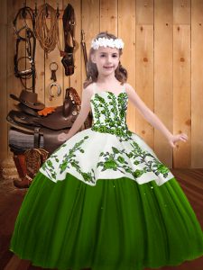 Green Tulle Lace Up Straps Sleeveless Floor Length Little Girls Pageant Gowns Embroidery