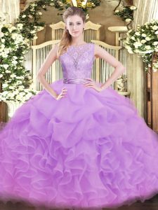 Lilac Ball Gown Prom Dress Military Ball and Sweet 16 and Quinceanera with Lace and Ruffles Scoop Sleeveless Backless