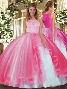 Custom Fit Tulle Scoop Sleeveless Clasp Handle Lace and Ruffles Ball Gown Prom Dress in Hot Pink