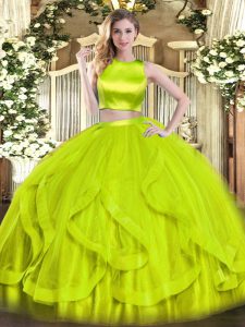 Yellow Green Criss Cross 15 Quinceanera Dress Ruffles Sleeveless Floor Length