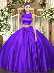 High Quality High-neck Sleeveless Criss Cross Ball Gown Prom Dress Eggplant Purple Tulle