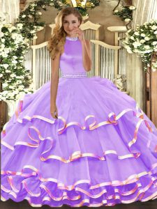 Sophisticated Floor Length Lavender Sweet 16 Dresses Organza Sleeveless Beading and Ruffled Layers